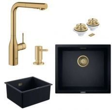 Комплект кухонна мийка Grohe K700 чорний граніт зі змішувачем для кухні Grohe Essence та дозатором, золото (31653APGN)