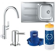 Комплект кухонної мийки Grohe k400 31566SD0 із змішувачем Grohe Blue Pure Eurosmart 31722000 та системою фільтрації Grohe Blue S-size (31566LA0)